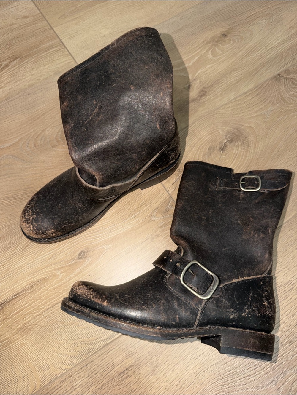 Frye Distressed Dark Brown Leather Engineer Boots with Buckles